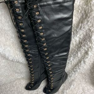 Liliana Boho-10 Black thighs high lace up heel boots peep toe Size 8